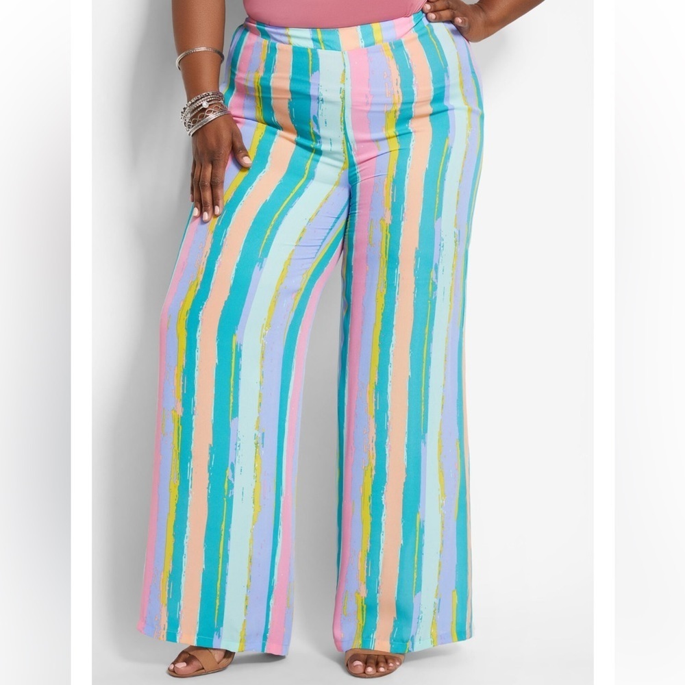 Ashley Stewart Colorful Striped Wide Leg Pants Pull On Elastic Waist Size 14